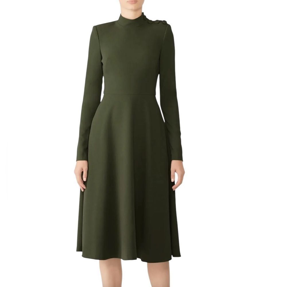 Black Halo Olive Green Antonia Long Sleeve Fit and Flare Midi Dress | Size 4